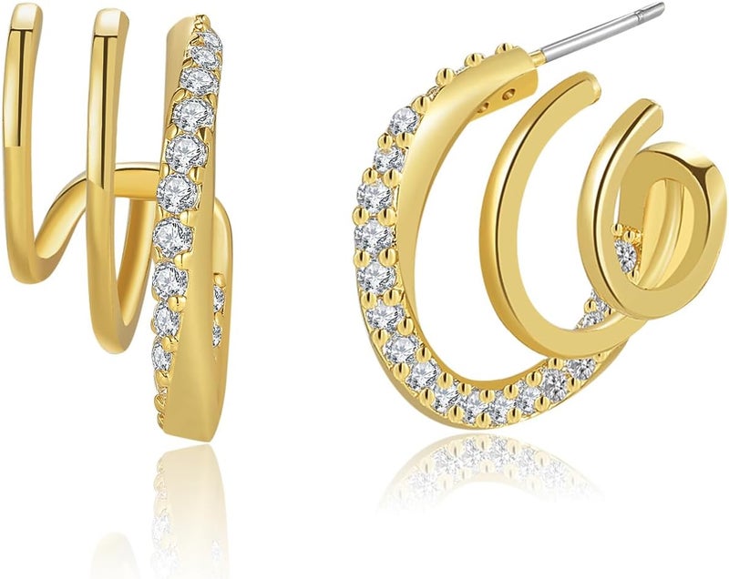 Obidos 14K Gold Plated Triple Huggie Illusion Stud Earrings | Double Huggie Hoop Earrings for One Hole | Gold Hoop Earrings for Women | Drop earrings - Image 1